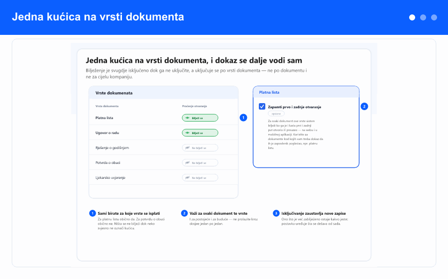 Pregled: uključivanje bilježenja otvaranja za vrstu dokumenta, panel evidencije sa prvim i zadnjim otvaranjem, brojem otvaranja i platformom, te šta se bilježi a šta ne.