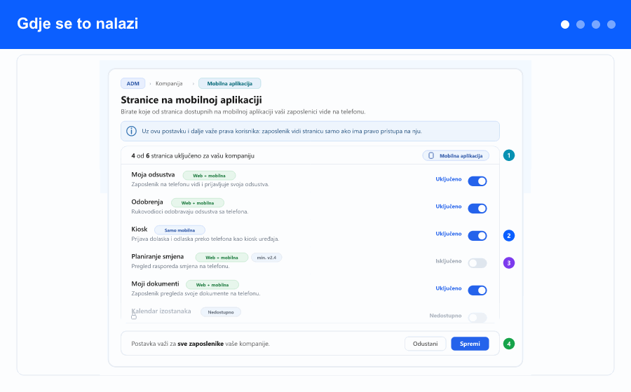 Pregled: lista Stranice na mobilnoj aplikaciji sa jednim prekidačem po stranici, oznakama da li je stranica samo mobilna ili web plus mobilna, trakom za spremanje i rezultujućim menijem na telefonu.