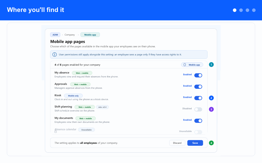 Overview: the Mobile app pages list with one switch per page, badges telling you whether a page is mobile only or web plus mobile, the save bar, and the resulting menu on the phone.
