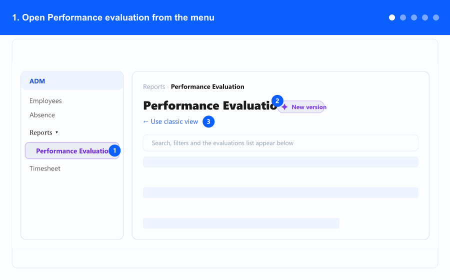 Animated overview: opening the screen, filtering, the list with the Project column, entering grades, and previewing the report — steps 1 to 5.