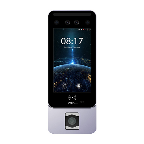 The access-control terminal: a touchscreen with cameras for facial recognition, a card reader and a fingerprint module at the bottom.
